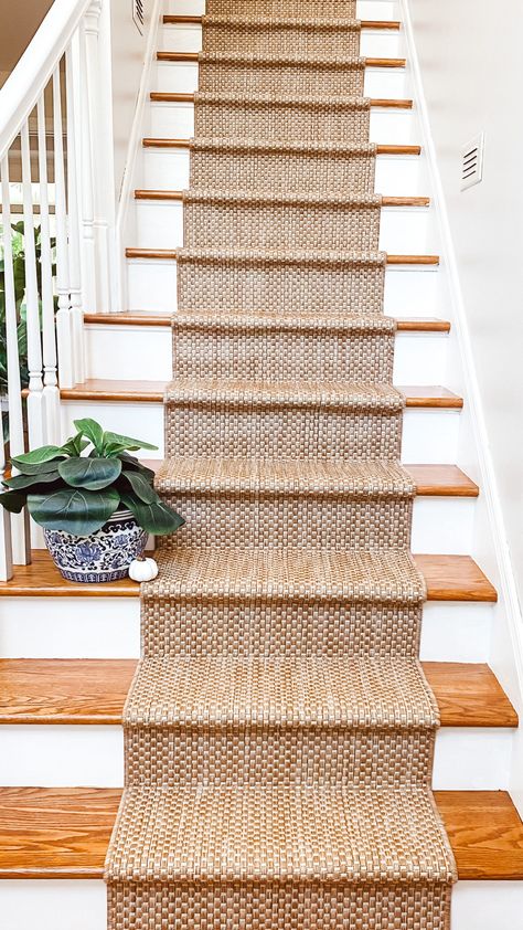 Refinish stairs and Install a carpet runner. It's a quick and easy DIY and safer for kids and pets while adding a classic and traditional look to your home. Wooden Stairs With Carpet Runner, Carpet For Stairs Ideas, Carpet Ideas For Stairs, White Wood Stairs, Stair Covering Ideas, Painted Stairs With Runner, Carpet Stairs Ideas, Stair Runners Ideas, Stairs With Carpet