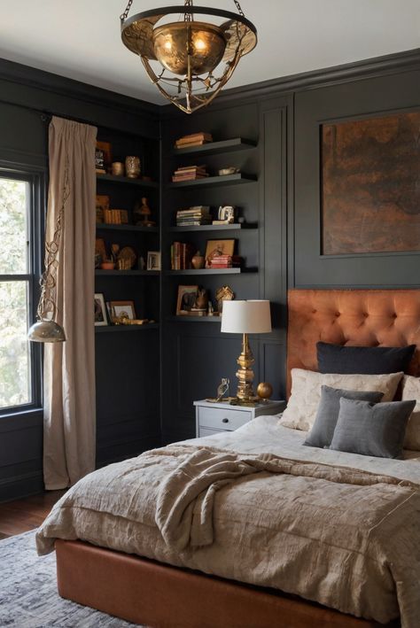 home interior design,interior bedroom design,designers kitchen,living room interior Moody Eclectic Bedroom, Cozy Moody Bedroom, Pirate House, Bedroom Moody, Cabinets With Glass Doors, Fall Furniture, Bedroom Vibes, Black Rooms, A Daily Routine