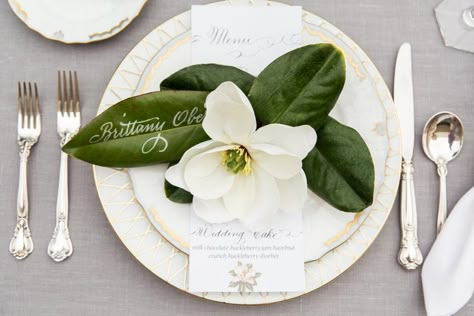 Southern Wedding Inspiration, Magnolia Wedding, Top Wedding Trends, Southern Bride, Wedding Planning Guide, Magnolia Leaves, Nc Wedding, Local Wedding, Tabletop Decor