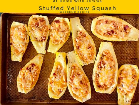 Yellow Bumpy Squash Recipes, Crooked Neck Squash Recipes, Stuffed Yellow Squash Recipes, Yellow Squash Boats, Stuffed Yellow Squash, Crookneck Squash Recipes, Stuffed Summer Squash, Baked Yellow Squash, Yellow Squash Recipe