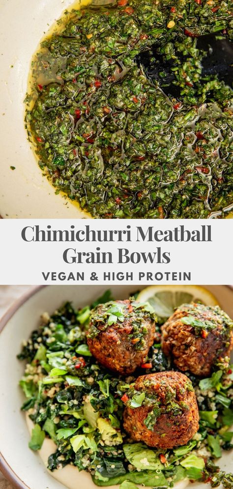 These Chimichurri Meatball Grain Bowls are a great high in plant-based protein addition to any meal or ingredient prep you’re planning. Ingredient Prep, Prepped Meals, Crowded Kitchen, Grain Bowls, Quick And Easy Soup, Vegan Meatballs, Nutrition Branding, High Protein Vegan, Ingredient List