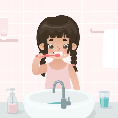 Anime Brushing Teeth, Brush Teeth Illustration, Brush Teeth Cartoon, Brushing Teeth Drawing, Kids Brushing Teeth, Girl Brushing Teeth, Teeth Illustration, Routine School, Teeth Drawing