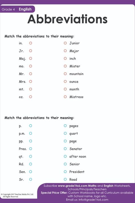 Abbreviations worksheets for Grade 4. Match the abbreviations to their meanings given. Subscribe to www.grade1to6.com for just $25 a year to get 6000 plus Maths and English worksheets for Grade 1 to Grade 6 #mathworksheets #schoolprincipals #englishworksheets Abbreviations Worksheet, English Worksheets For Grade 1, Free English Worksheets, Worksheets For Grade 1, School Principal, 1st Grade Worksheets, Grade 6, Grammar Worksheets, English Worksheets