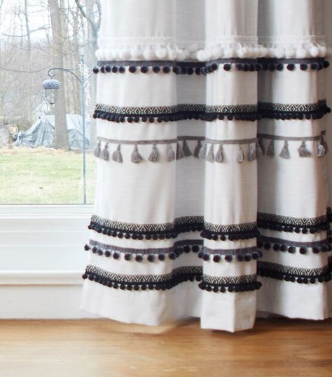 How To Embellish Plain Curtains, Curtain Embellishments Diy, Trim On Curtains, Upcycle Curtains, Curtain Embellishments, Curtain Upcycle, Ikea Curtain Hack, Lengthen Curtains, Shared Nursery