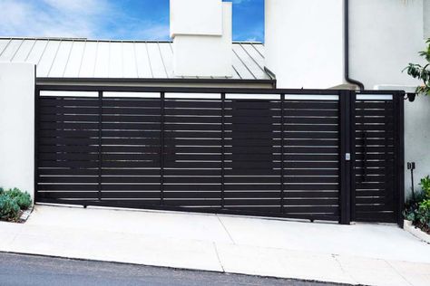 Driveway Gate & Pedestrian Gate Profile 24 with Glass Modern Front Gate Design, Electric Driveway Gates, Aluminum Driveway Gates, Gate Design Modern, Pedestrian Gate, Gate Wall Design, Villa Project, Modern Gate, Aluminium Gates