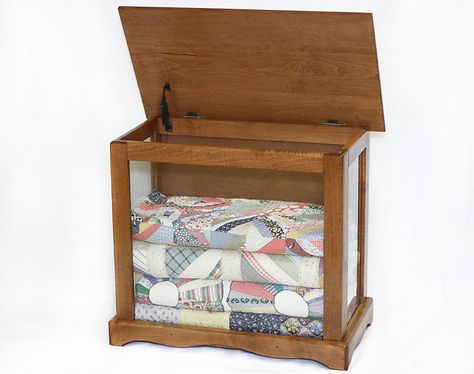 side tables for quilts | English Chestnut Stain Shown in Picture Glass Quilt Display Case, Quilt Display Case, Quilt Cabinet, Displaying Quilts, Display Quilts, Quilt Racks, Country Bench, Wood Pallet Crafts, Chestnut Stain