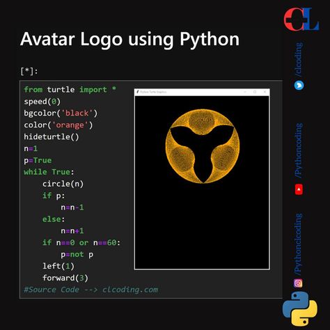 Avatar Logo in Python using Turtle Python Turtle Code, Python Turtle, Data Science Statistics, Instagram Avatar, Avatar Logo, Python Coding, Coding Lessons, Coding Tutorials, Learn Computer Coding