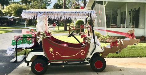 Santa Sleigh Parade Float, Golf Cart Decorating Ideas Christmas, Christmas Golf Cart Decorations, Golf Cart Christmas Parade Ideas, Golf Cart Christmas Decorating Ideas, Christmas Golf Cart Parade Ideas, Halloween Tailgate, Christmas Golf Cart, Golf Cart Decorations