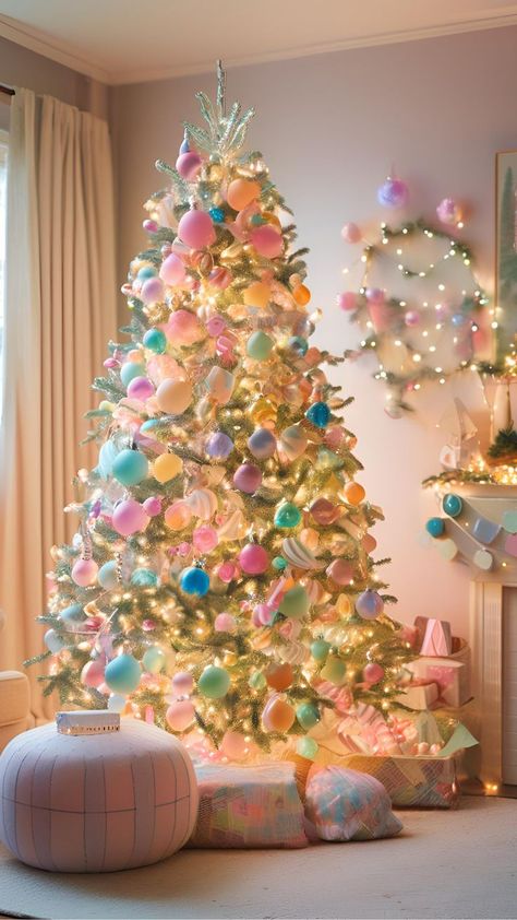 Pastel Theme Christmas Tree, Christmas Tree Pastel Decorations, Pastel Candyland Christmas Tree, Tinkerbell Christmas Tree, Pastel Christmas Tree Ideas, Kid Themed Christmas Trees, Pastel Christmas Tree Decorations, Spring Christmas Tree Ideas, Christmas Tree Candy Theme