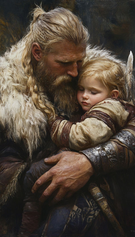 Viking Warrior Holding His Child Close Viking Digital Art, Viking Man Art, Nordic Character Design, Vikings Characters, Viking Warrior Art, Nordic Men, Vikings Aesthetic, Viking Family, Viking Warrior Men