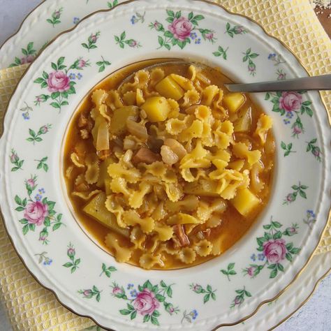 Pasta With Potatoes, Soup Inspiration, Lent Food, One Pot Italian, Pasta E Patate, Crispy Pancetta, Lent Recipes, Potato Pasta, Tomato Broth