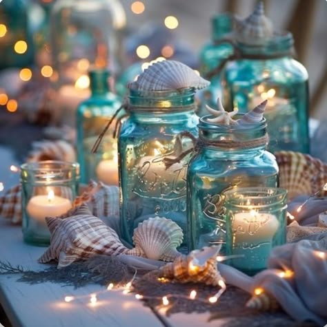 Beach Fairy Wedding, Wedding Ocean Theme, Deep Sea Wedding, Elegant Beach Wedding Decorations, Wedding Reception Decorations Lights, Beach Wedding Decor Ideas, Sea Themed Wedding, Ocean Theme Wedding, Beach Wedding Reception Ideas