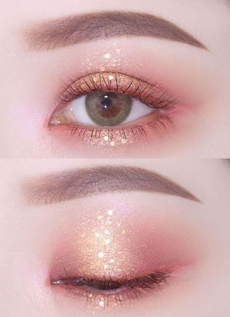 Pink And Gold Douyin Makeup, Pink And Gold Makeup Looks, Kpop Concert Makeup, Creative Face Makeup, Pink And Gold Makeup, Eye Makeup Guide, Cute Eye Makeup, Kawaii Makeup, Korean Eye Makeup