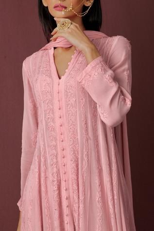 Shop for Label Aishwaryrika Pink Georgette Chikankari Anarkali Set for Women Online at Aza Fashions Dress Designs For Stitching, Chikankari Anarkali, Saree Tassels Designs, Pink Anarkali, Chikankari Kurta, Salwar Dress, Kurti Designs Latest, Indian Dresses Traditional, Anarkali Kurta