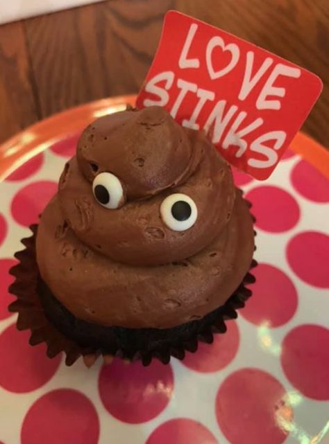 "Love Stinks"- poo cupcake with candy eyes. Love Stinks, Love Sucks, Candy Eyes, Valentines Cupcakes, Cupcake, Valentines Day, Candy, Valentines, Cake