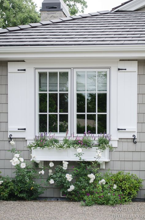 How Window Shutters and Planter Boxes Transformed the Exterior of My House - Sanctuary Home Decor Window Shutters Exterior, Outdoor Shutters, White Shutters, Shutter Designs, House Shutters, Window Trim Exterior, Cottage Exterior, Shutters Exterior, Exterior Makeover