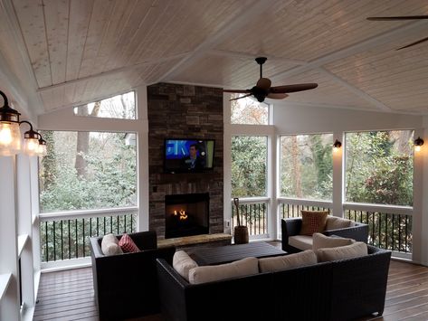 Screened Porch with Fireplace and Wall Sconces — DeckScapes Screened Porch With Fireplace, Eze Breeze, Porch With Fireplace, Cozy Porch, Porch Kits, Screened Porch Designs, Living Pool, Screened In Deck, Porch Fireplace