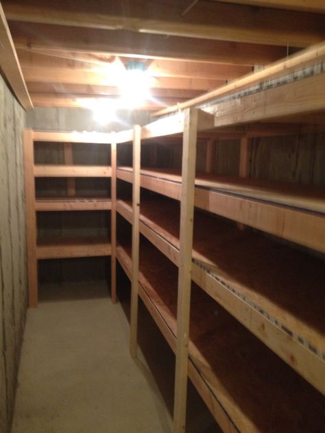 Cold storage room shelves Cold Storage Room Ideas, Storage Room Shelves, Storage Room Ideas, Basement Storage Room, Cold Storage Room, Basement Storage Shelves, Food Storage Rooms, Food Storage Shelves, Laundry Room Storage Shelves