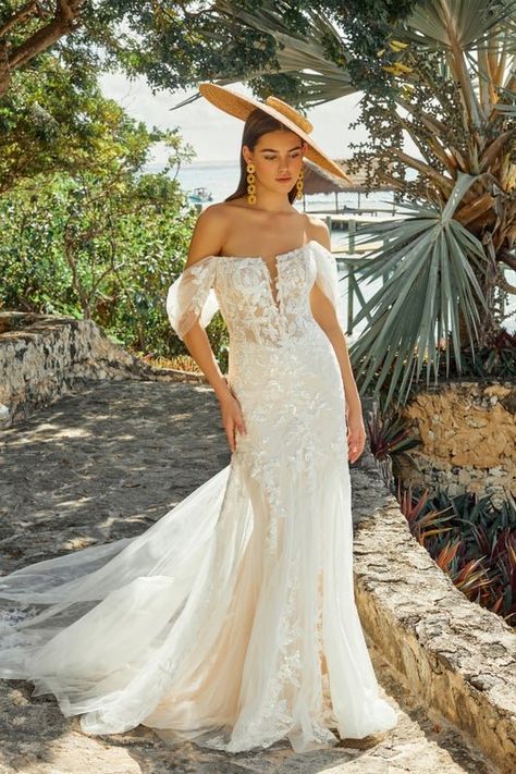 A deep, plunging neckline and off shoulder sleeves are the perfect dramatic accents for this feminine, fit and flare gown | fall wedding dresses, fall wedding gowns,2023 wedding dresses, bridal style, unique wedding gowns, high fashion wedding dress, popular wedding dresses, lace wedding dress, mermaid wedding dress, off-shoulder wedding dress, glamorous wedding dress, gorgeous wedding dresses, beautiful wedding dresses,princess wedding dresses,off-shoulder gown #weddingdress #wedding #bridetobe Madison James Bridal, Petite Bride, Modest Bridal Gowns, Girls Bridesmaid Dresses, Madison James, Kleinfeld Bridal, Flare Gown, Allure Bridals, Sophisticated Bride