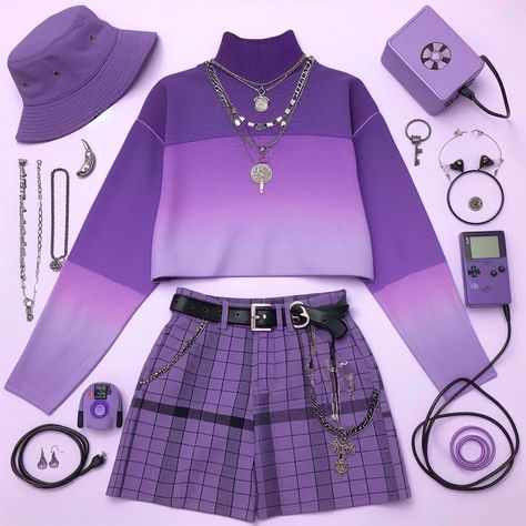 Purple Kidcore Outfit, Purple Bag Outfit, Purple Clothes Aesthetic, Kidcore Outfit, Happy Monster, Purple Theme, Modern Clothes, Baddie Outfit, Purple Fits