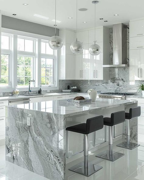 How Gray and White Interior Design Can Make Your Home Look Larger and Brighter • 333+ Art Images Kitchen Design Gray, Grey Marble Kitchen, Kitchen Design 2024, Kitchen Goals, Modern Doors, Elegant Kitchen Design, Gray And White Kitchen, White Interior Design, Kitchen Pantry Design