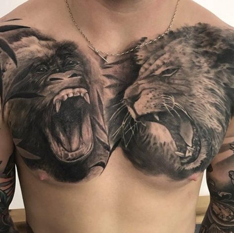 Tattoos-for-Men-0061 #tattooideas #mentattoo Lion Chest Tattoo, Husband Tattoo, Gorilla Tattoo, African Tattoo, Lion Tattoo Sleeves, Mens Lion Tattoo, Lion Tattoos, Bear Tattoos, Chest Piece Tattoos