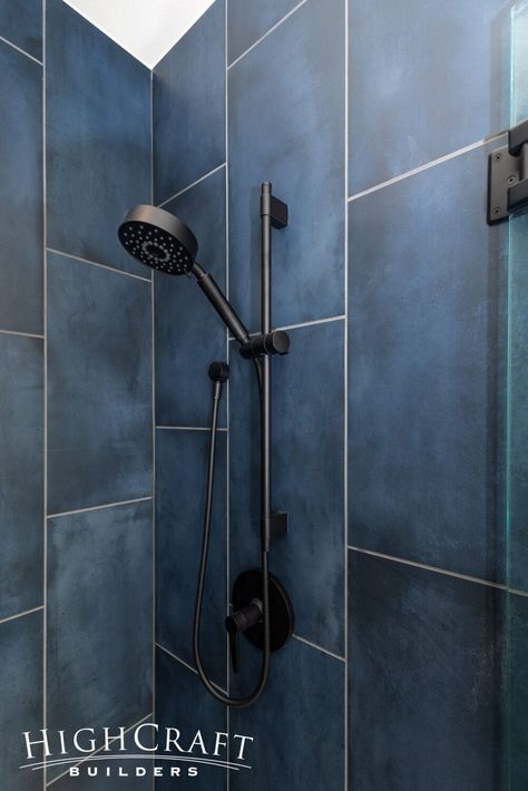 Modern-Basement-Remodel-Dark-Blue-Shower-Tile-Black-Shower-Head Navy Blue Shower Tile Ideas, Dark Blue Tile Shower Ideas, Shower Black Hardware, Navy Blue Shower Tile, Dark Blue Shower Tile, Navy Shower Floor Tile, Dark Navy Shower Tile, Blue Shower Tile Ideas, Matte Blue Shower Tile