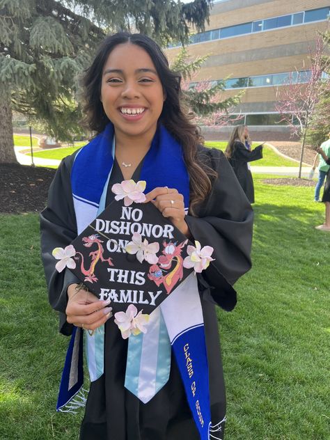 An SUU graduate holding their graduation cap so the top of the cap is visible. The cap reads "No dishonor on this family." Around the words are cherry blossom flowers and images of the dragon character Mushu from the Disney movie Mulan. Vietnamese Graduation Cap, Graduation Cap With Flowers, Mulan Graduation Cap, Mulan Graduation Cap Ideas, Mulan Grad Cap, Caps Outfit, Utah University, Chemical Engineer, Dragon Character