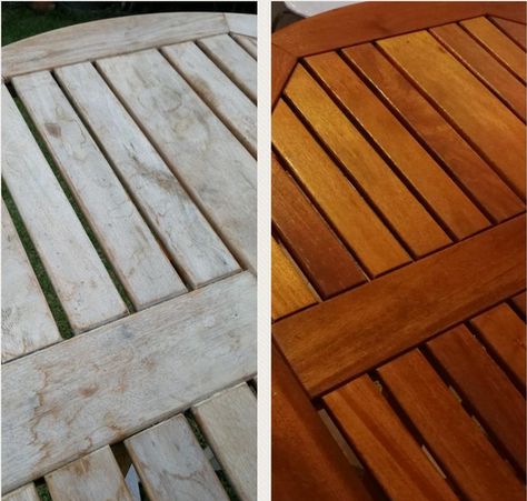 starbrite-teak-oil-before-after Paint Teak Furniture, Teak Refinishing, Teak Oil Before And After, How To Restore Teak Outdoor Furniture, Teak Outdoor Furniture Authenteak, Painted Outdoor Furniture, Restore Wood, Teak Patio Furniture, Weathered Teak