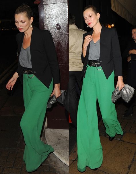 Nobody Rocks Bright Green Palazzo Pants Like Kate Moss Can Green Trousers Outfit, Palazzo Pants Outfit, Green Pants Outfit, Kate Moss Style, Green Trousers, Nicole Richie, Mode Chic, Rosie Huntington Whiteley, Looks Street Style