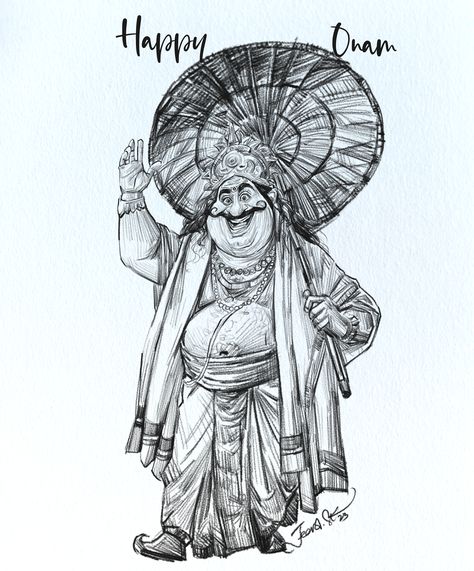 Maveli Onam Pencil Drawing, Onam Illustration Art, Onam Drawing Ideas, Maveli Onam Drawing, Onam Pictures For Drawing, Happy Onam Drawing, Maveli Onam, Onam Drawing, Onam 2023