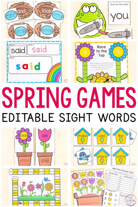 These spring theme sight word activities are editable and so much fun! Just type in any words you want and all 20 sight word games will auto-fill. Perfect for literacy centers! Spring Theme Preschool, Spring Preschool Activities, Literacy Activities Preschool, Fry Sight Words, Rainbow Words, Learning Sight Words, Sight Word Cards, Spring Games, Printables For Kids