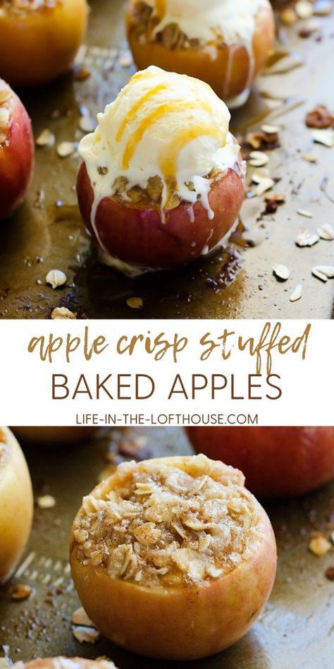 Delicious baked apples stuffed with an apple crisp filling. Baked Stuffed Apples, Stuffed Baked Apples, Billy Holiday, Baked Apple Recipes, Dessert Oreo, Dinner Delicious, Apple Dessert Recipes, Pasti Sani, Baked Fruit