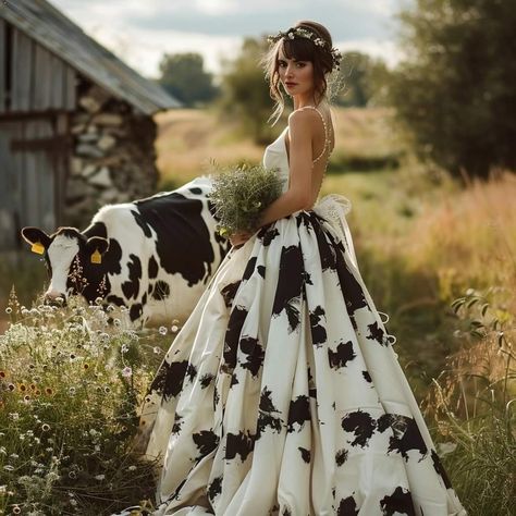 Cow Print Wedding Dress, Cow Print Wedding, Cowgirl Wedding Dress, Anime Singing, Bug Wedding, Sunflower Dresses, Wild West Wedding, Print Wedding Dress, Camo Wedding Dress