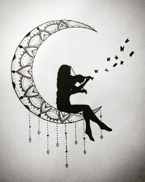 tattoo ideas for a silhouette of a woman playing the piano in the moon. Violin Mandala Art, Music Therapy Tattoo, Violin Tattoos, Violin Tattoo Ideas, Piano Tattoo Ideas, Tattoos For Music Lovers Unique, Tattoos For Music Lovers, Book Bujo, Cactus Tattoos