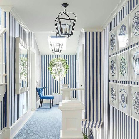 #clideahouse • Instagram photos and videos Striped Wallpaper Hallway, Beach Mirror, Hamptons Style Homes, Striped Walls, Blue White Decor, Foyer Decorating, Coastal Living Rooms, Coastal Living Room, Hamptons Style