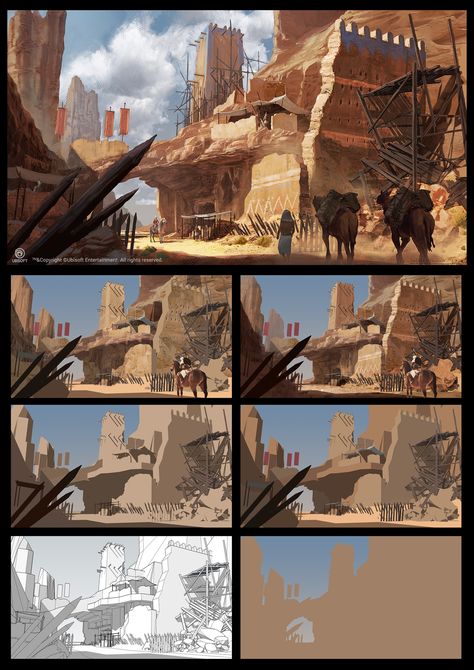 Environment Concept Art Step By Step, Digital Painting Process Step By Step, Background Illustration Tutorial, How To Draw Backgrounds Landscapes, How To Draw Concept Art, Star Wars Concept Art Environment, Concept Environment Art, Digital Painting Step By Step, Concept Art Process