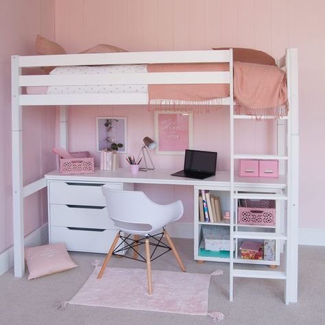 High sleeper Heaven - Bunk beds with furniture underneath | Little Folks Furniture Bed With Desk Underneath, Girls Loft Bed, White Loft Bed, Bed For Girls Room, High Sleeper Bed, Bunk Bed With Desk, Storage Bookcase, High Sleeper, Loft Bed Frame