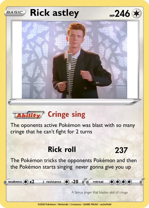 Check out this Pokemon card I made using PokeArt - https://apps.apple.com/app/id1494294403 What To Do With Pokemon Cards, How To Play Pokemon Card Game, Meme Pokemon Cards Funny, Pokemon Card Back, Funny Pokemon Cards, Pokemon Card Memes, Fake Pokemon Cards, Pokemon Card Template, Rick Rolled