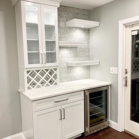 Glass Storage In Bar, Dry Bar Ikea Cabinets, Diy Built In Wine Bar, Dry Bar With Wine Fridge Dining Room, Dry Bar With Wine Fridge Floating Shelves, Basement Wet Bar Corner, Dining Room Dry Bar Ideas, Wet Bar Cabinets Built Ins, Wine Fridge In Kitchen Free Standing