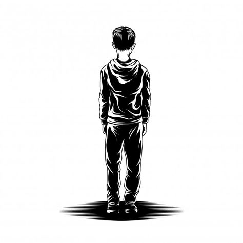 Kid stand view back illustration | Premium Vector #Freepik #vector #people #character #black #white People Back View, Easy Tutorial Drawing, Back View Drawing, Back Illustration, People Character, Boy Silhouette, Back Drawing, Boy Walking