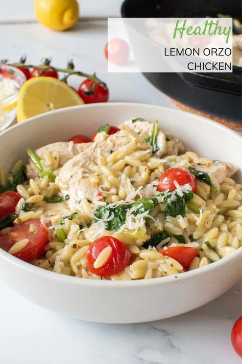 Lemon Chicken Orzo Skillet, Orzo Chicken Recipes Healthy, Lemon Tomato Chicken, Chicken Recipes With Orzo, Chicken And Orzo Recipes Healthy, Chicken Orzo Recipes Dairy Free, Chicken Feta Orzo, Healthy Chicken Orzo Recipes, Lemon Chicken Orzo Bake With Boursin