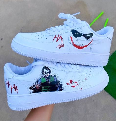 The Joker Iron On decals! Shoes Are Not Included Decals are very high quality and come with easy to use instructions for heat transfer application. They are durable and waterproof. Please send a message if you have any questions :) Joker Custom, Pretty Sneakers, Diy Sneakers, Custom Nike Shoes, All Nike Shoes, Custom Air Force 1, Cute Nike Shoes, Cute Nikes, Swag Shoes