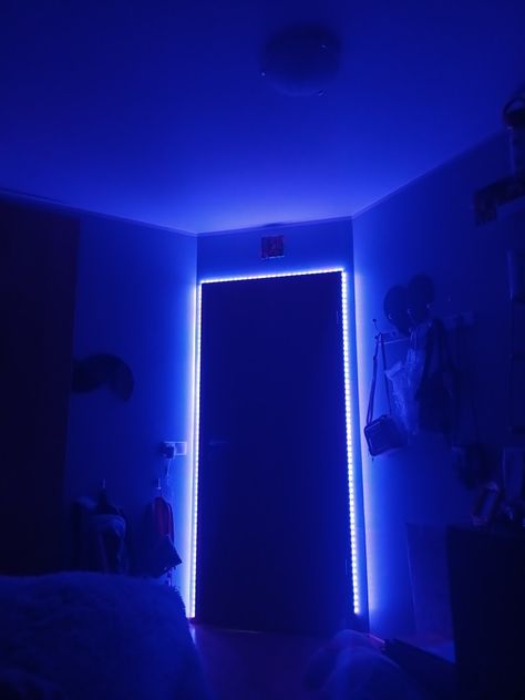 Led Lights Around Door Frame, Bed With Led Lights Under, Led Lights Under Bed, Room Things, Led Lighting Bedroom, Bed With Led Lights, Lighting Bedroom, Soft Bed, Red Led Lights