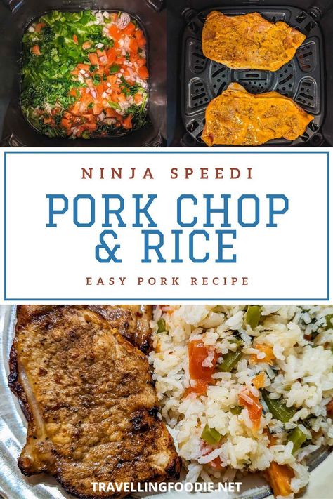 Ninja Speedi Pork Chop Rice Recipe is a delicious bbq glazed pork chop with herb-infused rice that's perfect for an easy dinner or lunch! Learn how to make bbq pork chop with rice in Ninja Speedi Rapid Cooker & Air Fryer in under 30 minutes on Travelling Foodie! #travellingfoodie #ninjaspeedi #ninjaspeedirecipes #easyrecipes | Ninja Speedi Meals |  Ninja Speedi Recipes | Ninja Speedi Rice | Ninja Speedi Pork Chop | Ninja Speedi Recipes for Beginners | Pork Chop and Rice Meal | Pork Chops & Rice Ninja Speedi Meals, Pork Chop And Rice, Pork Chop Rice, Ninja Combi, Pork Chops And Rice, How To Make Bbq, Bbq Pork Chops, Glazed Pork Chops, Pork Recipes Easy