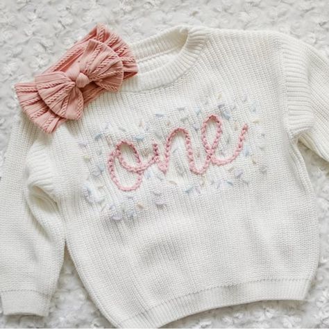 Size 9-12 Months Only Used For Pictures Literally Is Like Brand New Bought From Etsy Any Questions Just Ask Hand Stitched Name Sweater, White Tops For Birthday And Winter, White Top For Birthday In Winter, White Embroidered Tops For Birthday, Kids Sweater Pattern, Embroidered Sweaters, Birthday Sweater, Name Sweater, Embroidery Yarn