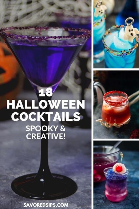 Click this post for 17 of the best, most spooky and fun Halloween cocktails that will be a hit at any Halloween Party. | Halloween Cocktails | Halloween Cocktails Easy | Party Cocktails | Halloween Party | Spooky Cocktails | Holiday Cocktails Halloween Cocktails With Malibu, Red Mixed Drinks Alcohol Halloween, Spooky Themed Cocktails, 3 Ingredient Halloween Cocktails, Horror Themed Cocktails, Spider Web Cocktail, Halloween Cocktails With Champagne, Halloween Cosmopolitan Drink, Empress Gin Halloween Cocktail