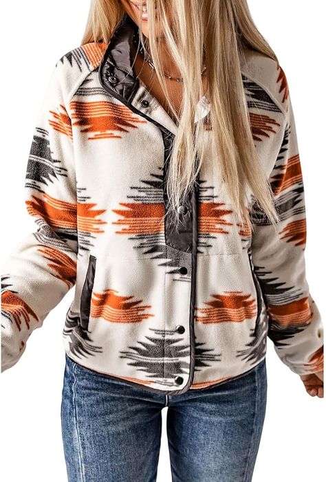 SELINK Womens Fleece Jacket Western Aztec Print Long Sleeve Snap Button Down Shacket Jackets with Pockets - fall jackets Celana Jins, Celana Kargo, Print Outerwear, Western Aztec, Stand Collar Jackets, Fleece Jacket Womens, Fleece Coat, Printed Cardigan, Womens Fleece