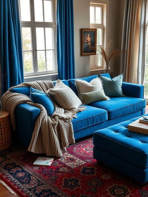 23 Blue Couch Living Room Ideas Blue Suede Sofa Living Room, Living Room With Royal Blue Sofa, Teal Blue Sofa Living Room, Blue Couch Moody Living Room, Navy Blue Velvet Couch Living Room Ideas, Velvet Blue Couch Living Room, Denim Couch Living Room Ideas, Teal Blue Sofa, Navy Blue Couch Living Room