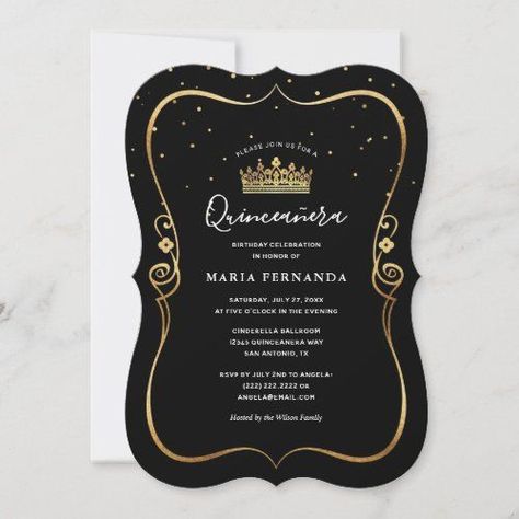 $2.76 | Elegant Luxurious Gold and Black Quinceanera Invitation #goldblackquinceanerainvitations16 #elegantcharrowhitemodernfloral #fairytaleweddingsflowersbridalshower #diamondsfloralsweet15quinceañera #misquinceanosprincesscrown Calligraphy Templates, Mask Butterfly, Black Quinceanera, Butterfly Confetti, Quinceanera Invitation, Princess Birthday Invitations, Quinceanera Ideas, Sweet Sixteen Invitations, Bridal Shower Flowers